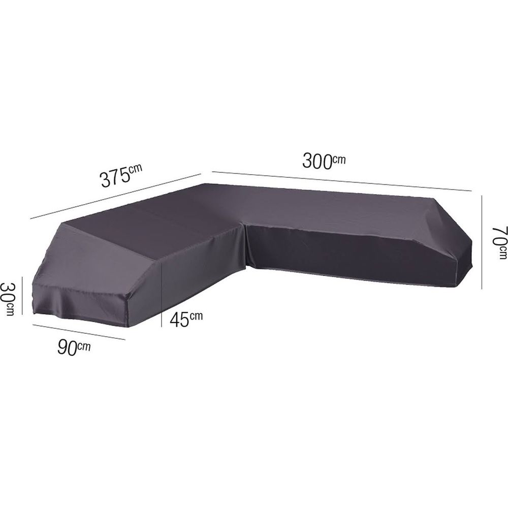 Dunkelgrauer L-förmiger Sofabezug mit Maßen: 375x90x30cm und 300x70x45cm.