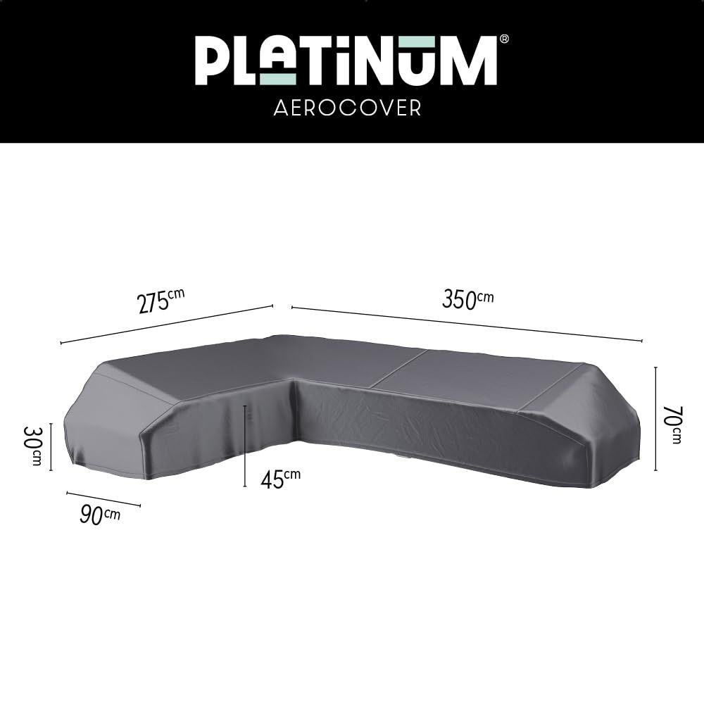 Graue L-förmige Abdeckung mit Maßen: 275cm, 350cm, 30cm, 90cm, 45cm, 70cm.