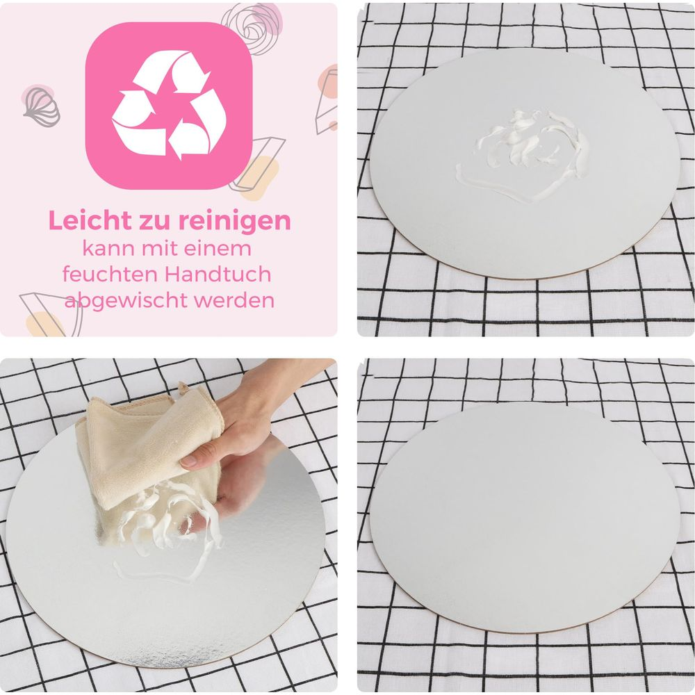 Vier Bilder zeigen runde Kuchenbretter. Eines zeigt ein Reinigungssymbol.
