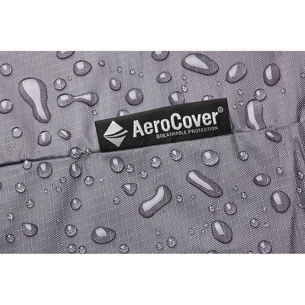 Graues Gewebe mit Wassertropfen und einem AeroCover-Logo mit der Aufschrift 'Breathable Protection'.