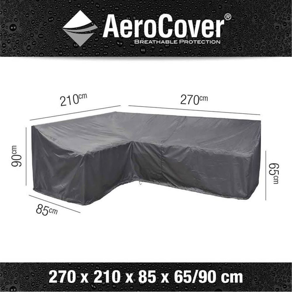 Graue L-förmige Abdeckhaube für Möbel mit Maßen 270x210x85x65/90cm.