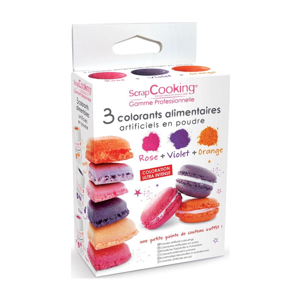 Verpackung mit Lebensmittelfarben in Rosa, Violett und Orange, Pulverform.