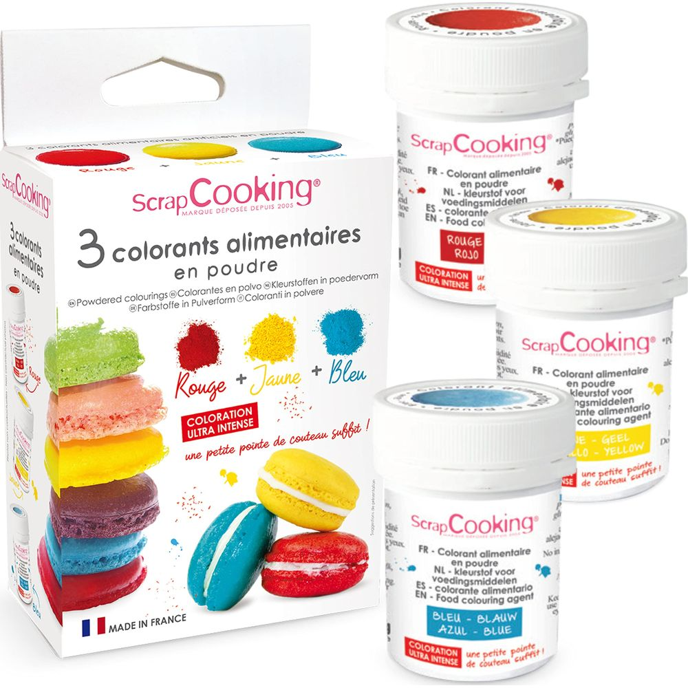 Verpackung mit drei Lebensmittelfarbpulvern von Scrap Cooking: Rot, Gelb, Blau.