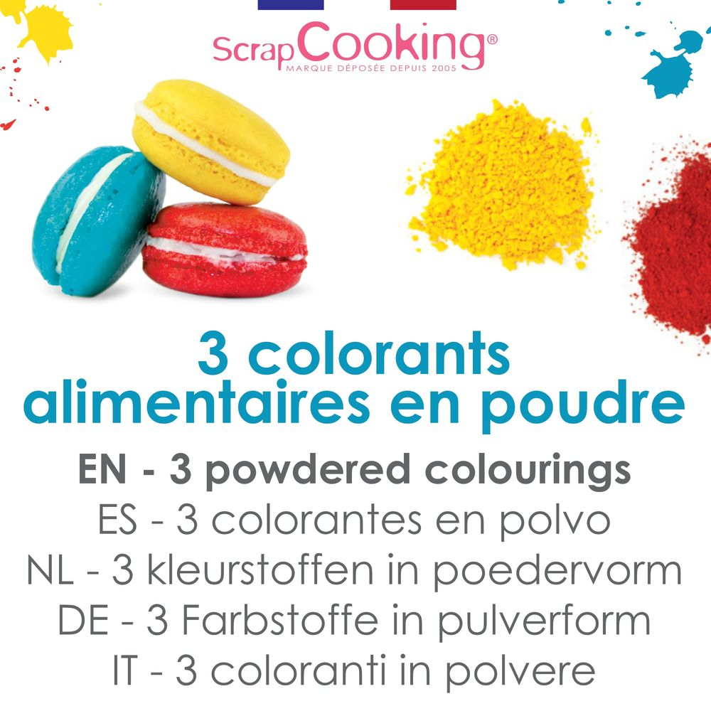Drei bunte Macarons neben Pulverfarben in Gelb und Rot.