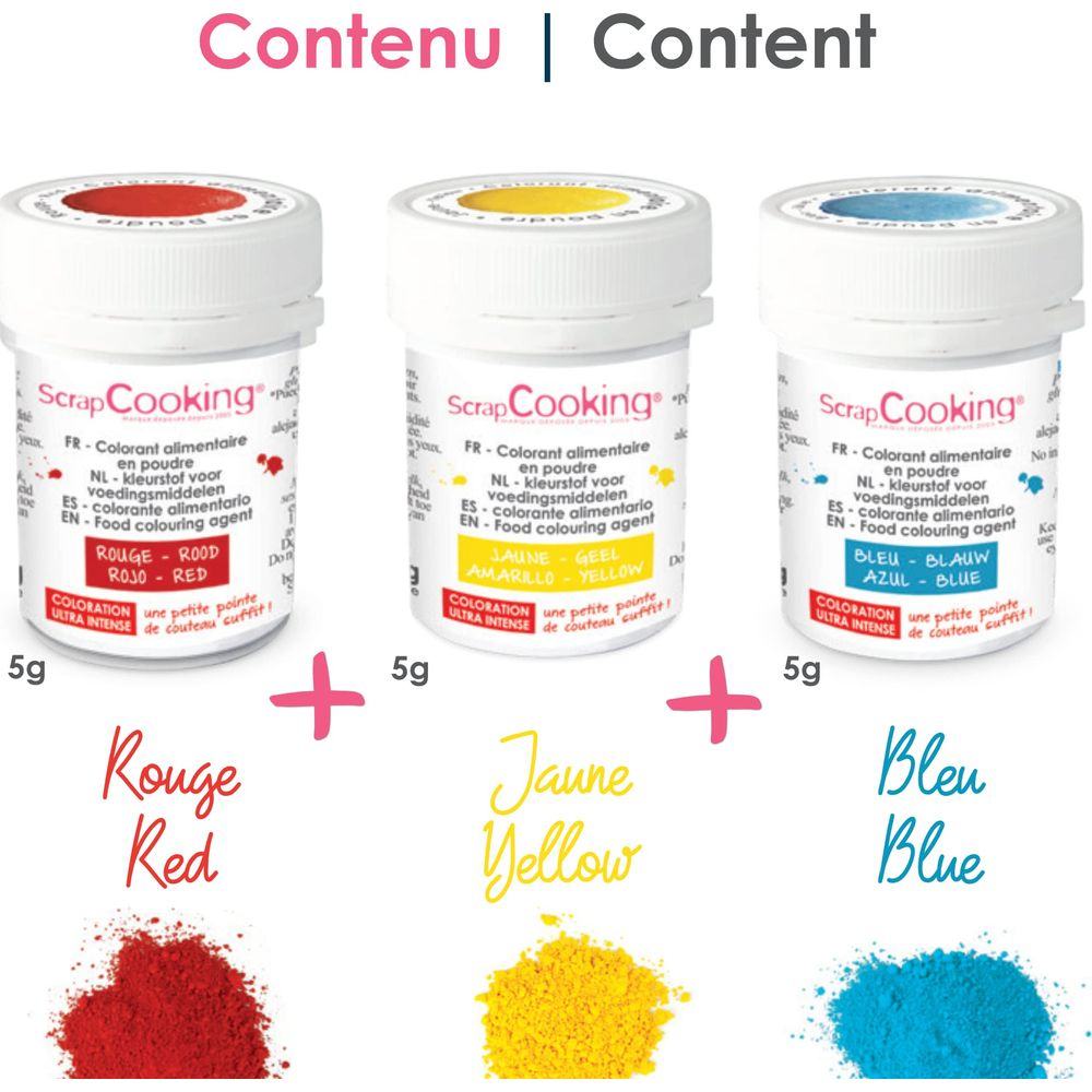 Drei Behälter mit Lebensmittelfarbe: rot, gelb und blau. Unten sind Pulver der jeweiligen Farben abgebildet.