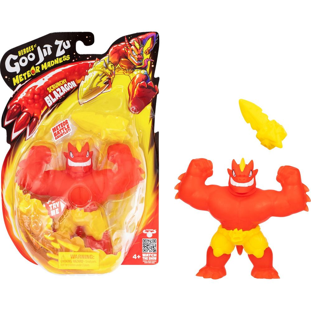 Ein roter und gelber Goo Jit Zu Blazagon mit einem gelben Meteor-Gauntlet-Zubehör.