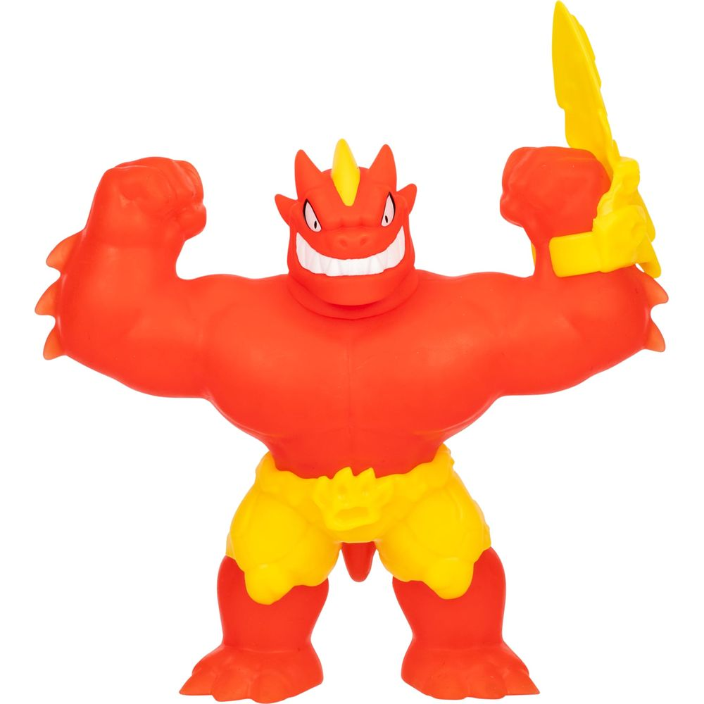 Ein roter, muskulöser Actionfigur mit gelber Hose und gelbem Schwert.