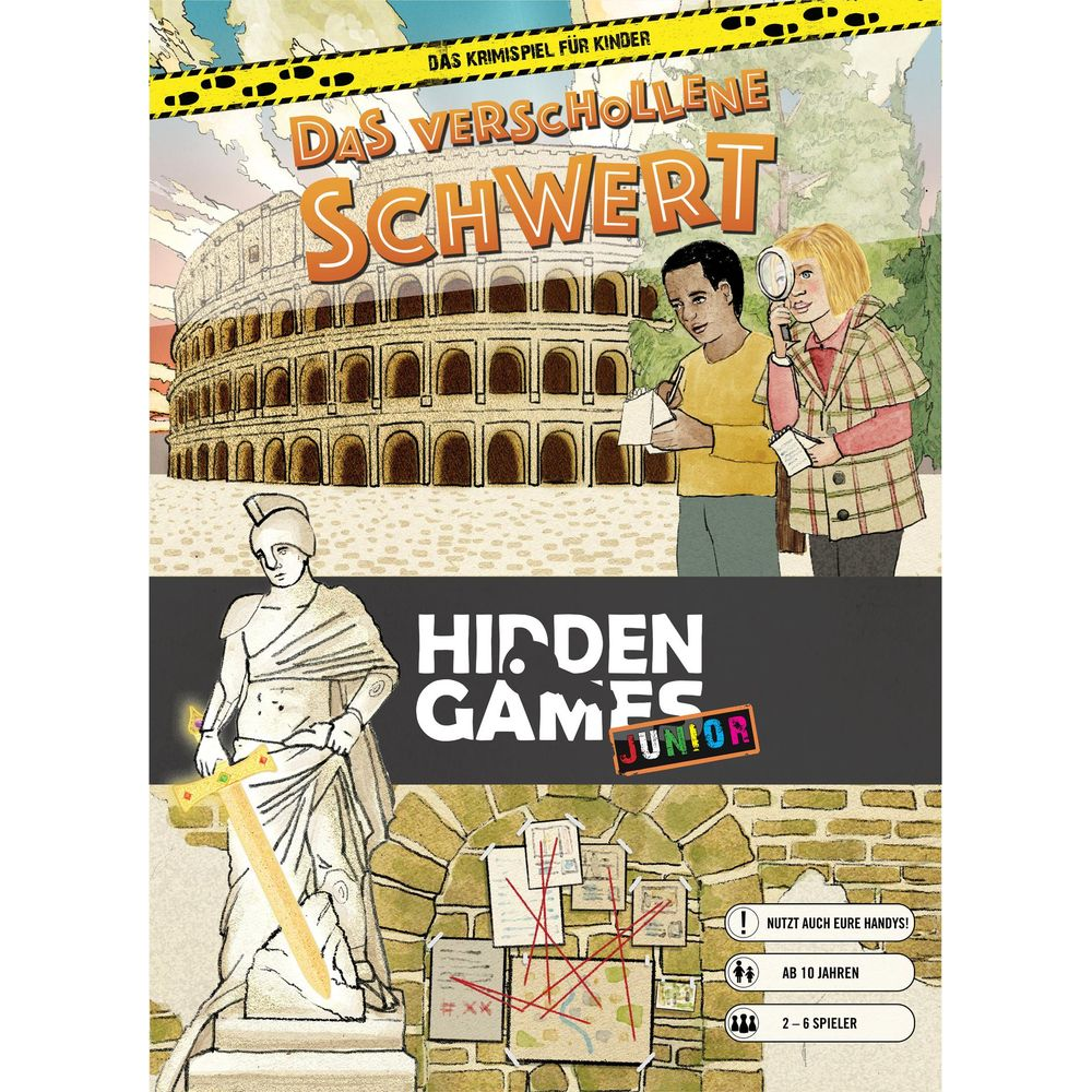 Illustrazione di un gioco giallo per bambini con il Colosseo, bambini e una mappa.
