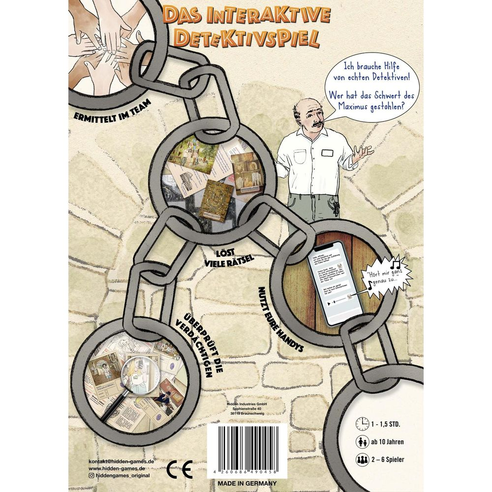La copertina di un gioco investigativo con illustrazioni di mani, immagini di enigmi, un uomo e un telefono.