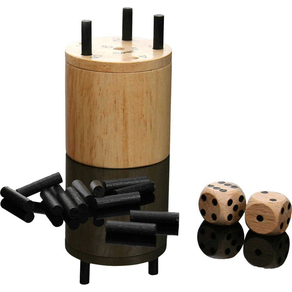 Holz-Würfelspiel mit schwarzen Stiften um einen Holzzylinder und zwei Würfeln.