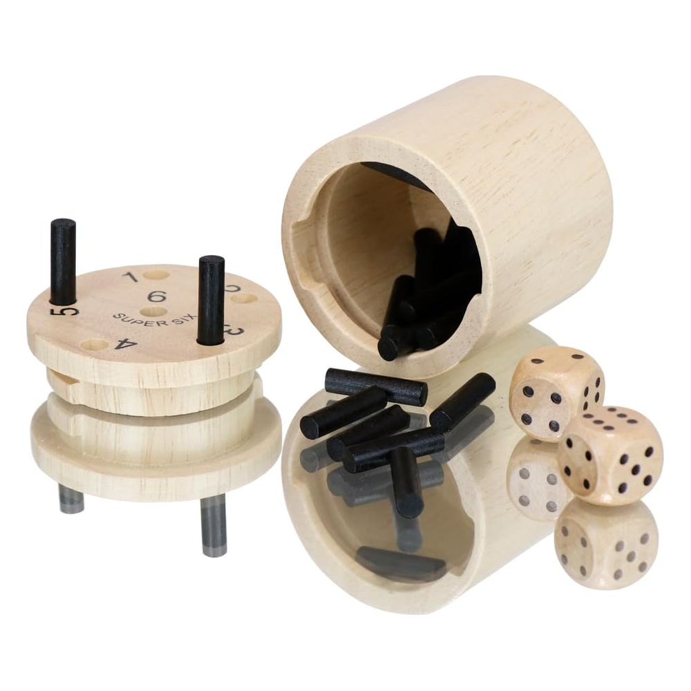 Holzspiel mit Stiften, Würfeln und Zahlenbrett.