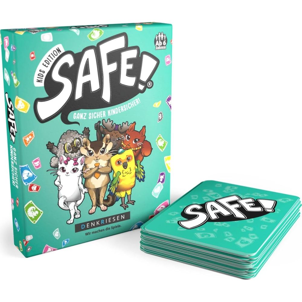 Spielbox und Kartenstapel des Spiels SAFE! mit bunten Tierfiguren.