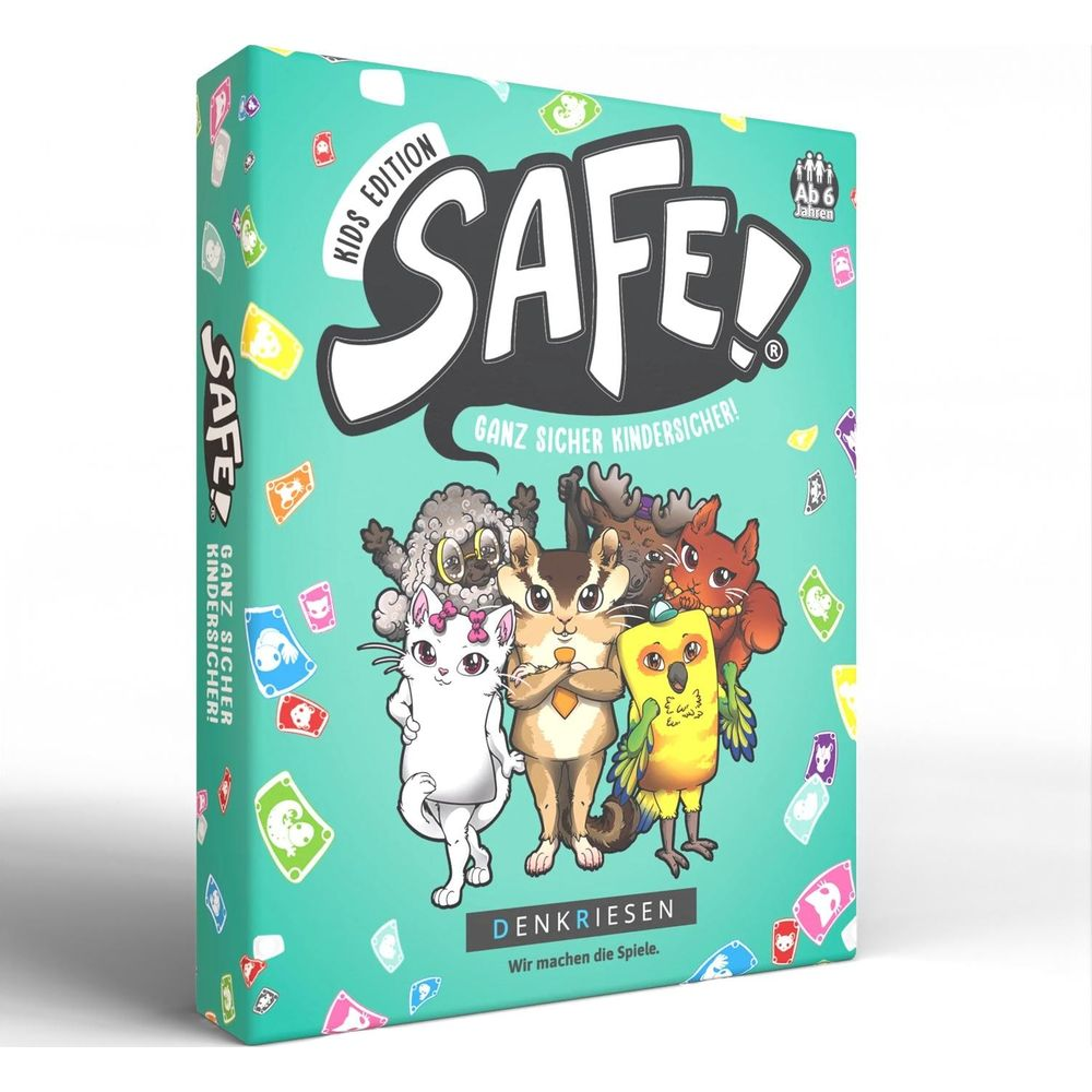 Brettspiel-Box "SAFE! Kids Edition" mit bunten Tiermotiven und Spielinformationen.