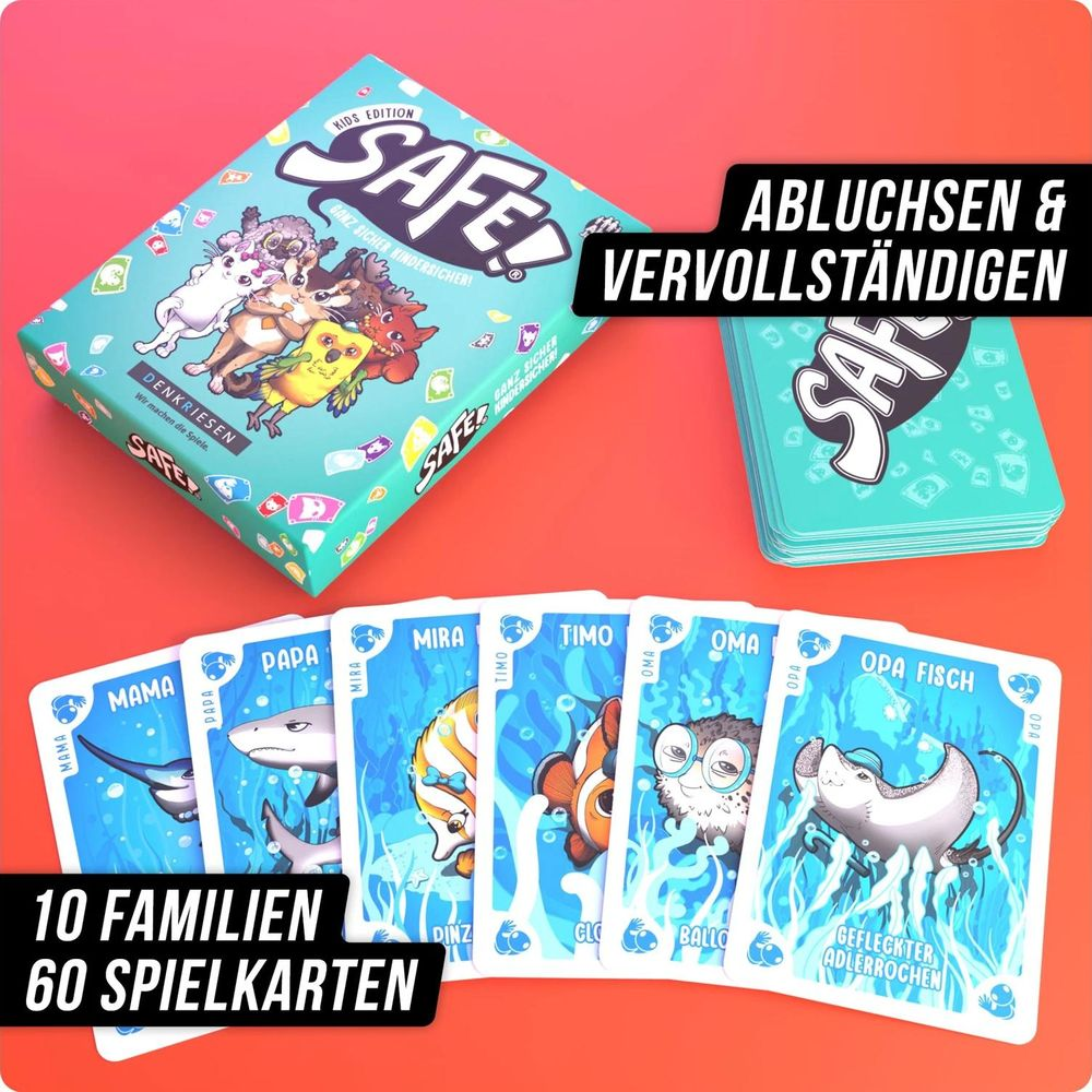 Spielkarten mit Meerestieren und Spielbox 'Safe!'.