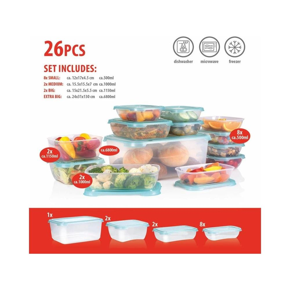 26-piece food container set in various sizes, some filled with food.