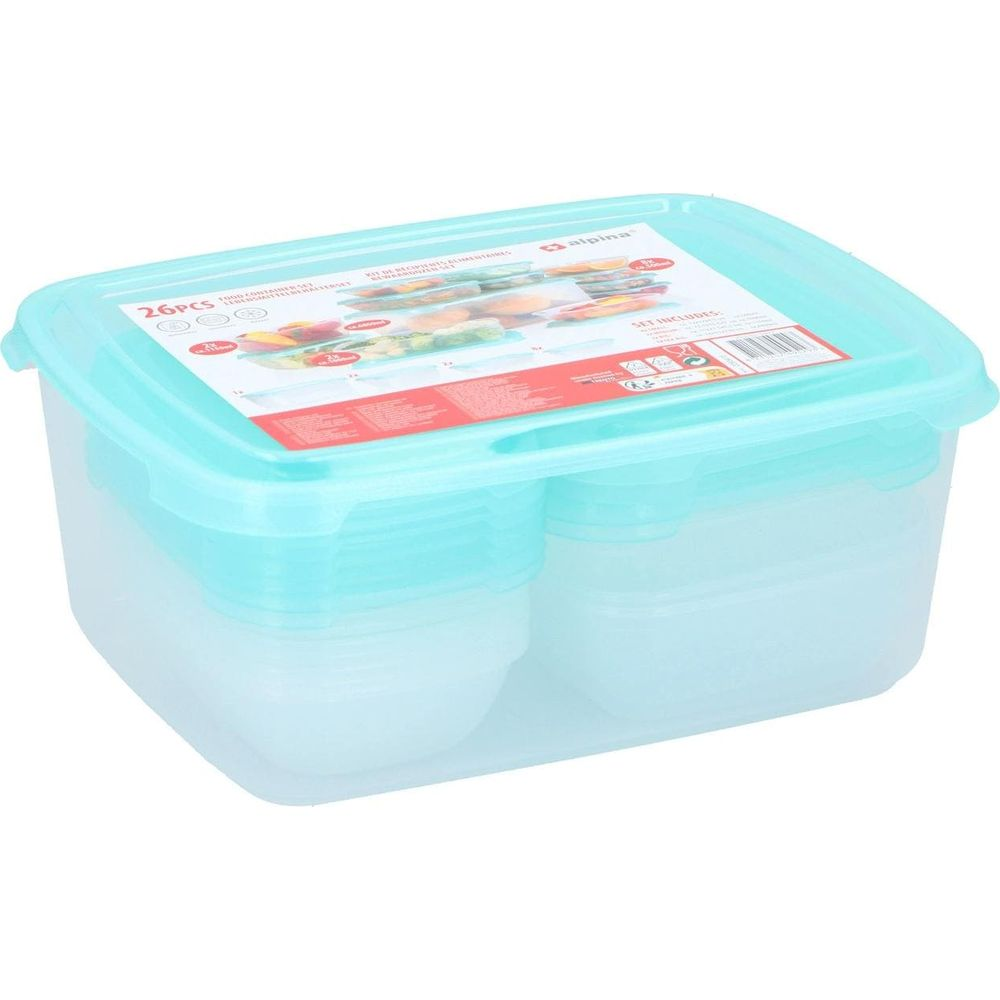 A set of 26 clear food storage containers with aqua lids.