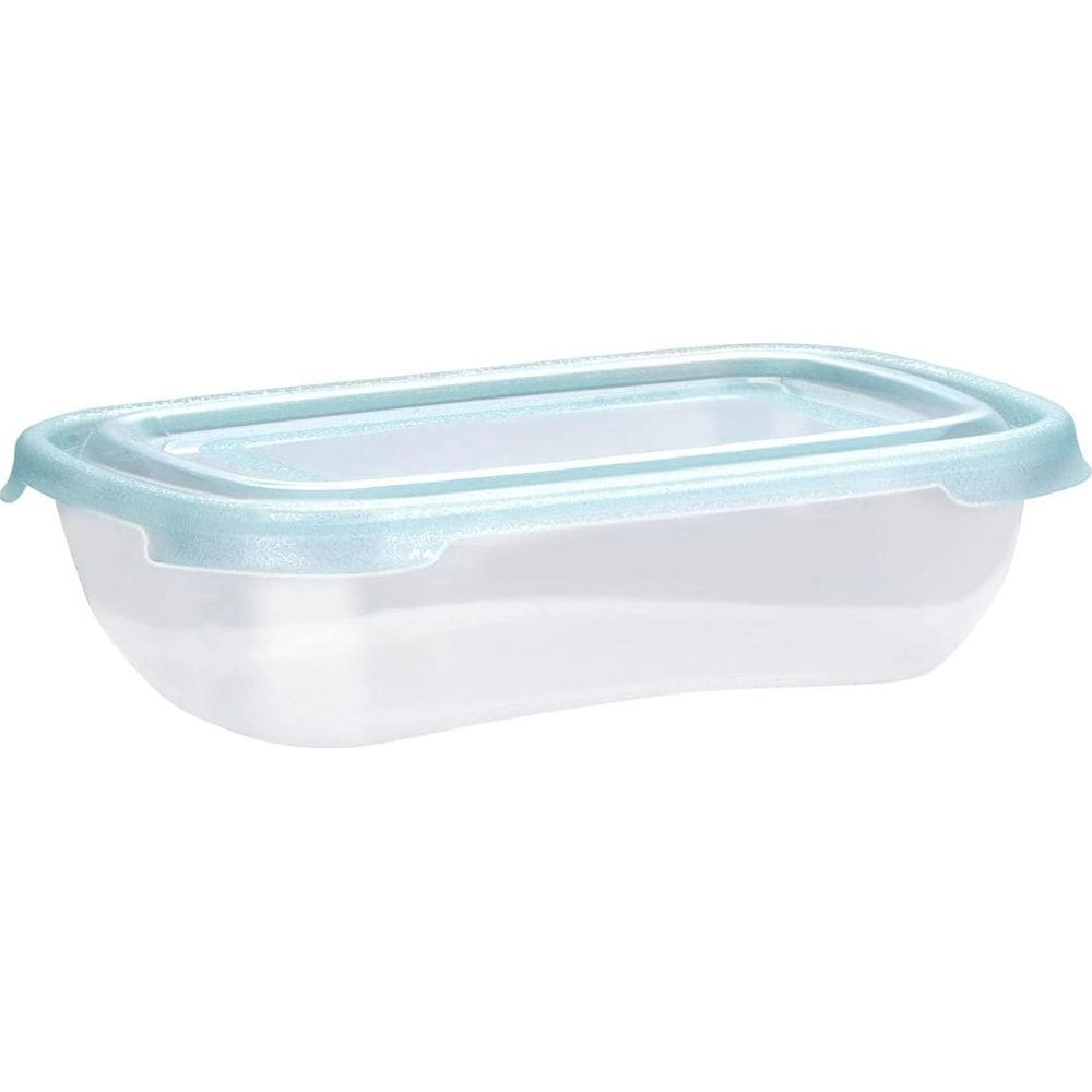 A rectangular, clear plastic food container with a light blue lid.