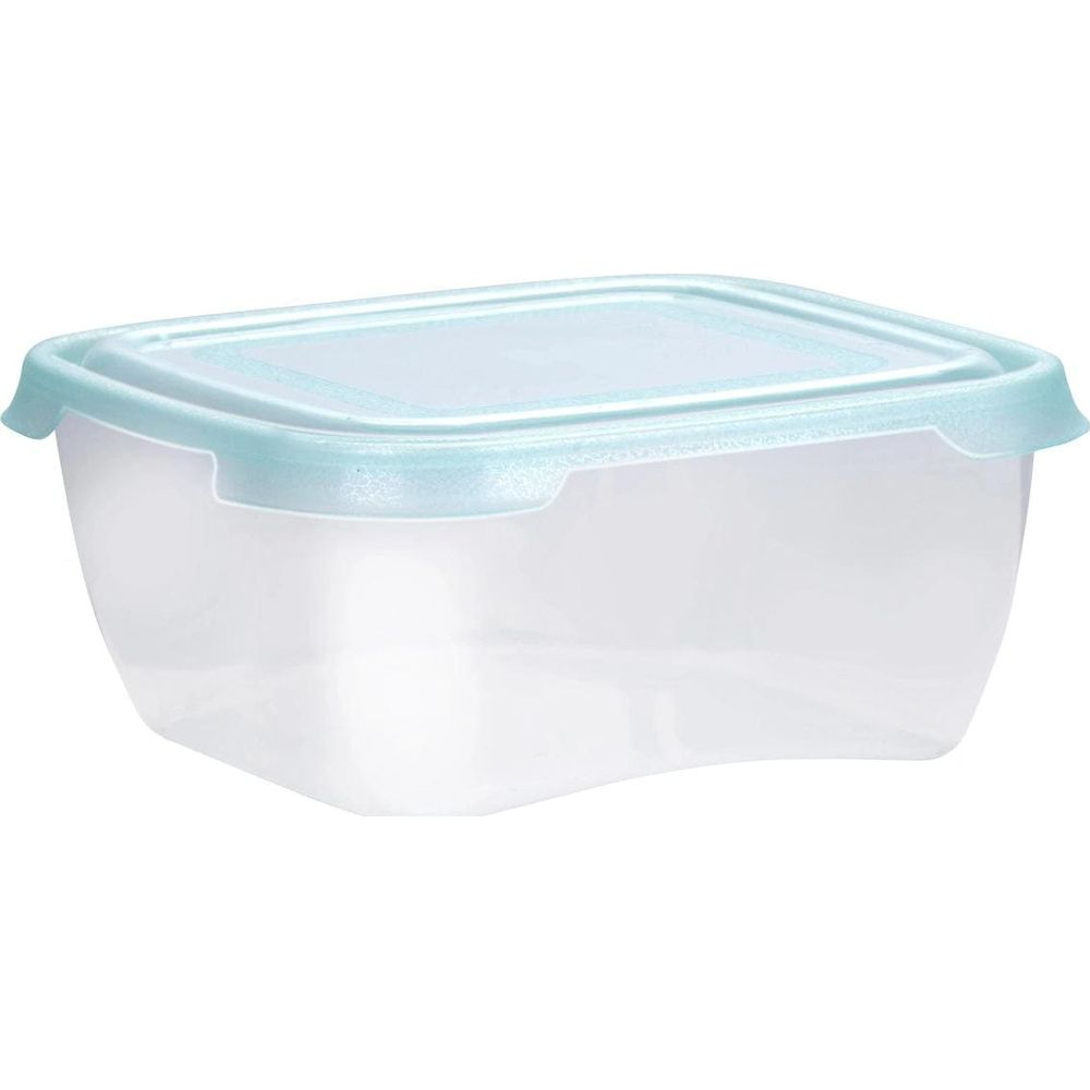 A clear plastic food storage container with a light blue lid is shown against a white background.
