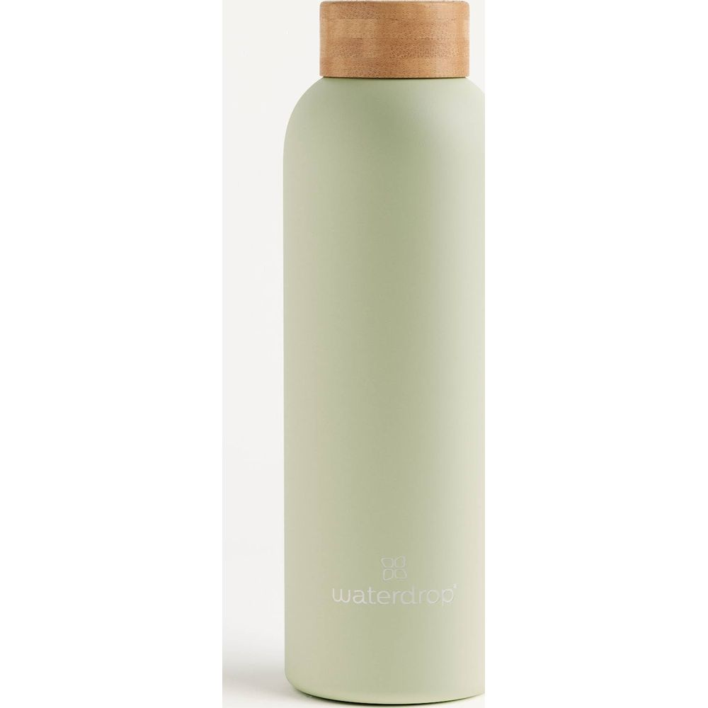 Eine hellgrüne Wasserflasche mit Holzdeckel und dem Waterdrop-Logo.