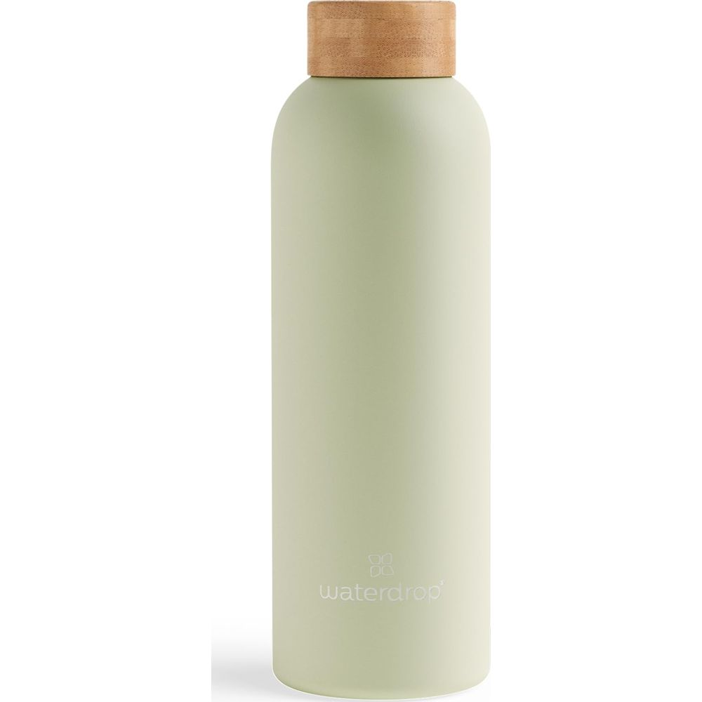 Eine hellgrüne Wasserflasche mit einem Holzdeckel und dem Waterdrop-Logo.