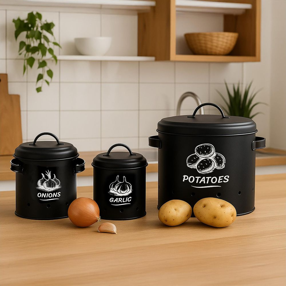 Drei schwarze Vorratsdosen für Zwiebeln, Knoblauch und Kartoffeln auf einem Holztisch.