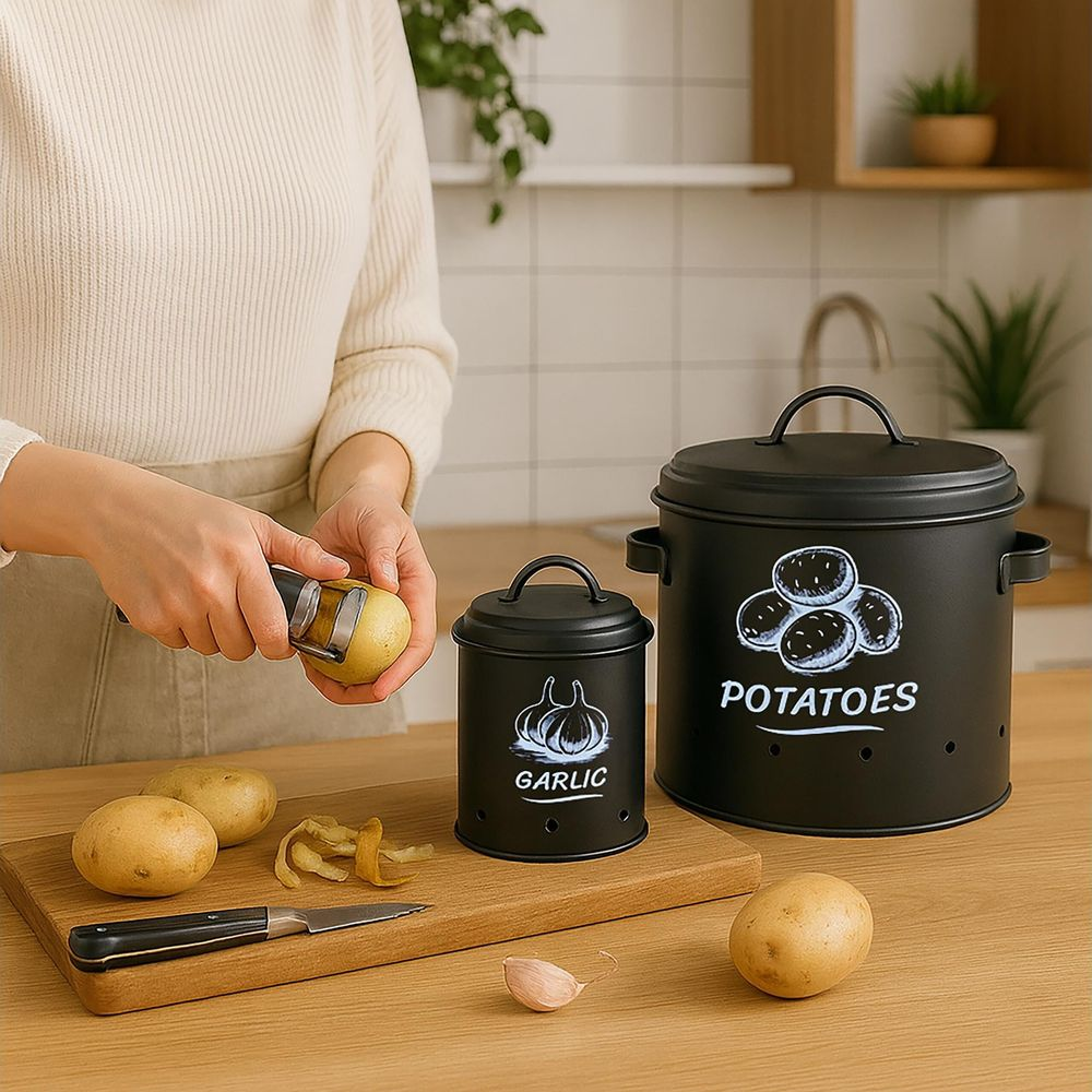 Eine Person schält Kartoffeln über einem Holzlöffel mit einer Kartoffel- und einer Knoblauchdose daneben.