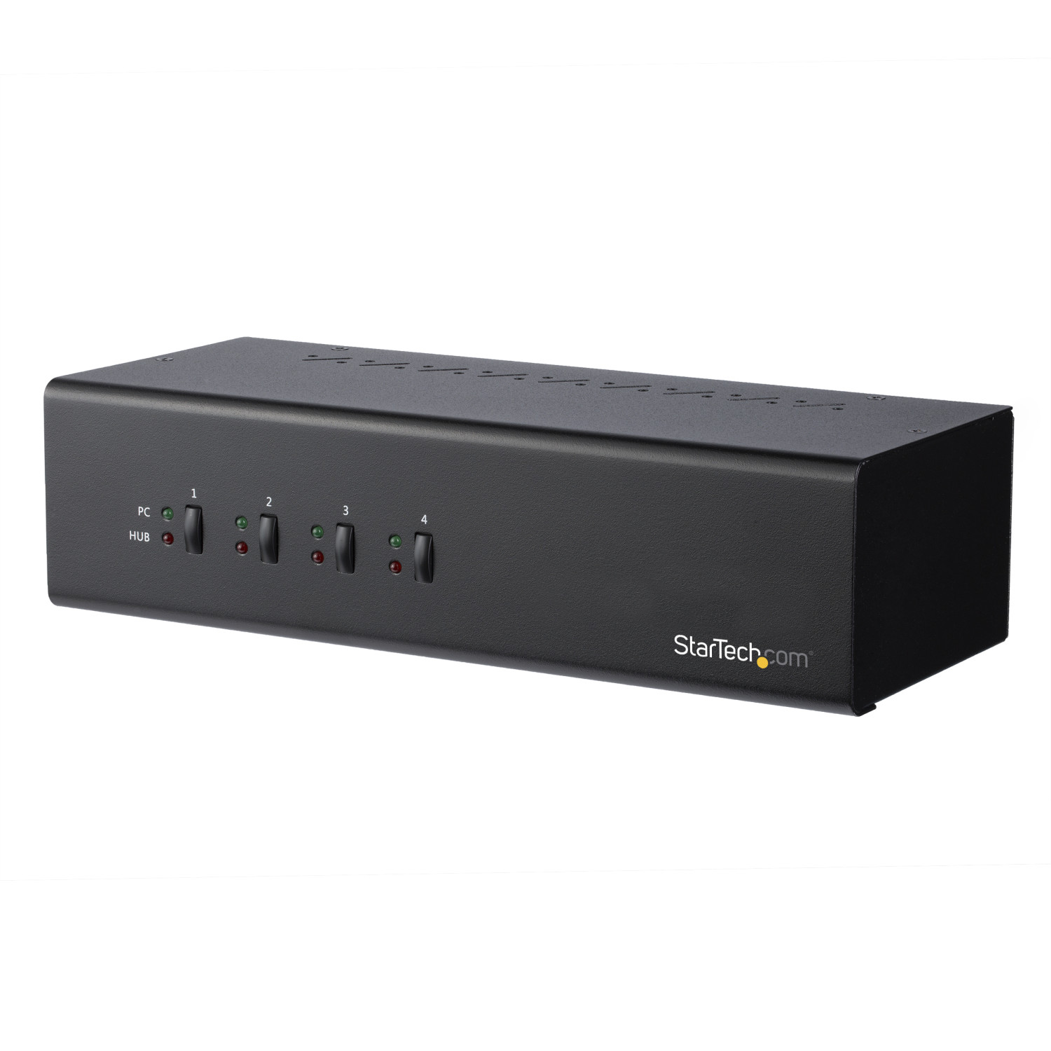 Switch KVM StarTech nero con 4 pulsanti e spie luminose.