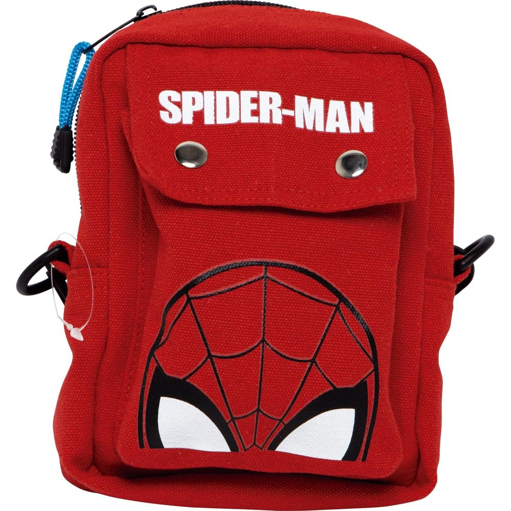 Rote Canvas-Tasche mit Spiderman-Maske und Logo. Mit Frontklappe und Reißverschluss.