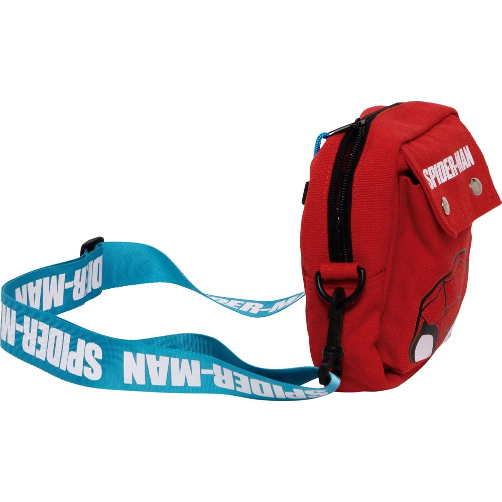 Rote Tasche mit Spider-Man-Motiv und blauem Gurt mit Aufdruck.