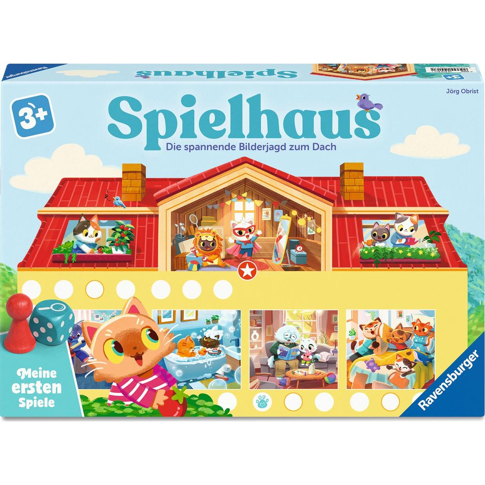 Spielhaus Brettspiel-Box mit niedlichen Tierfiguren in verschiedenen Szenen.