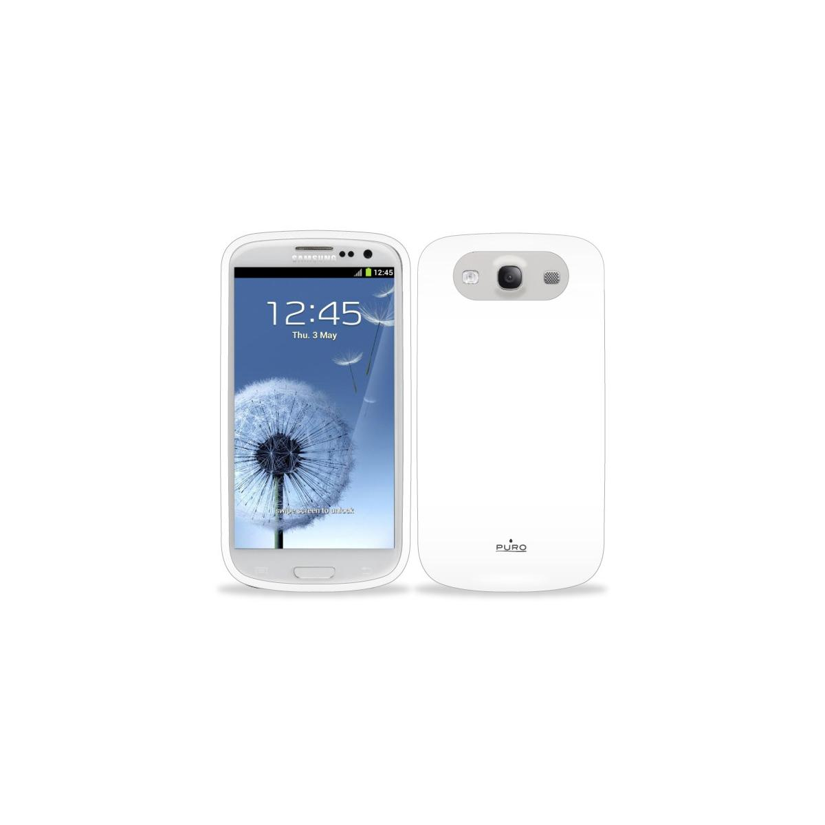 Ein weißes Smartphone mit einem Bildschirm mit einer Pusteblumen-Sperre und der Rückseite.
