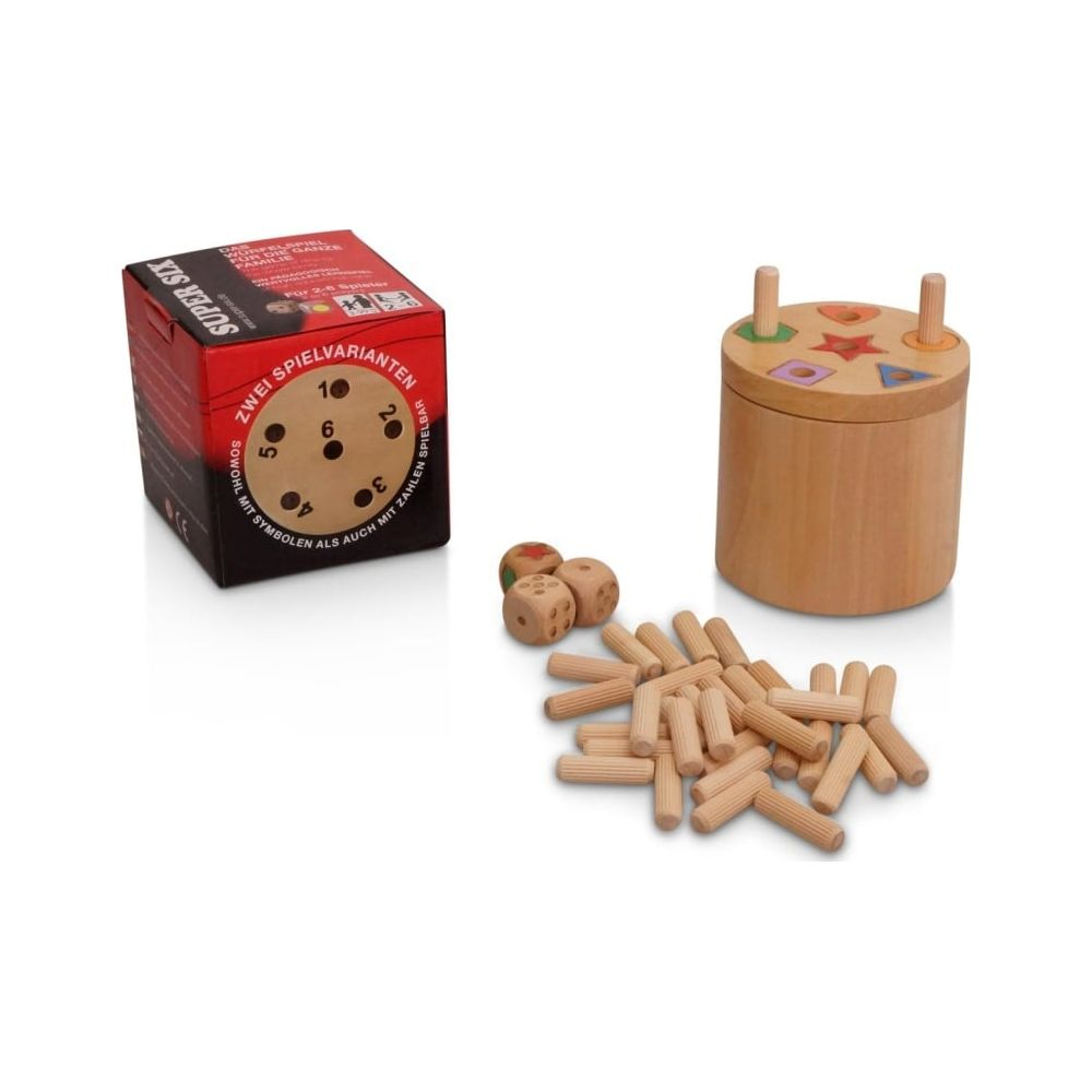 Spielzeug mit Würfeln, Holzzylindern und einem Holzspielzeug-Behälter.
