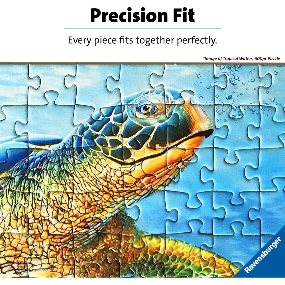 Ein Seeschildkröten-Puzzle auf blauem Hintergrund mit Luftblasen.