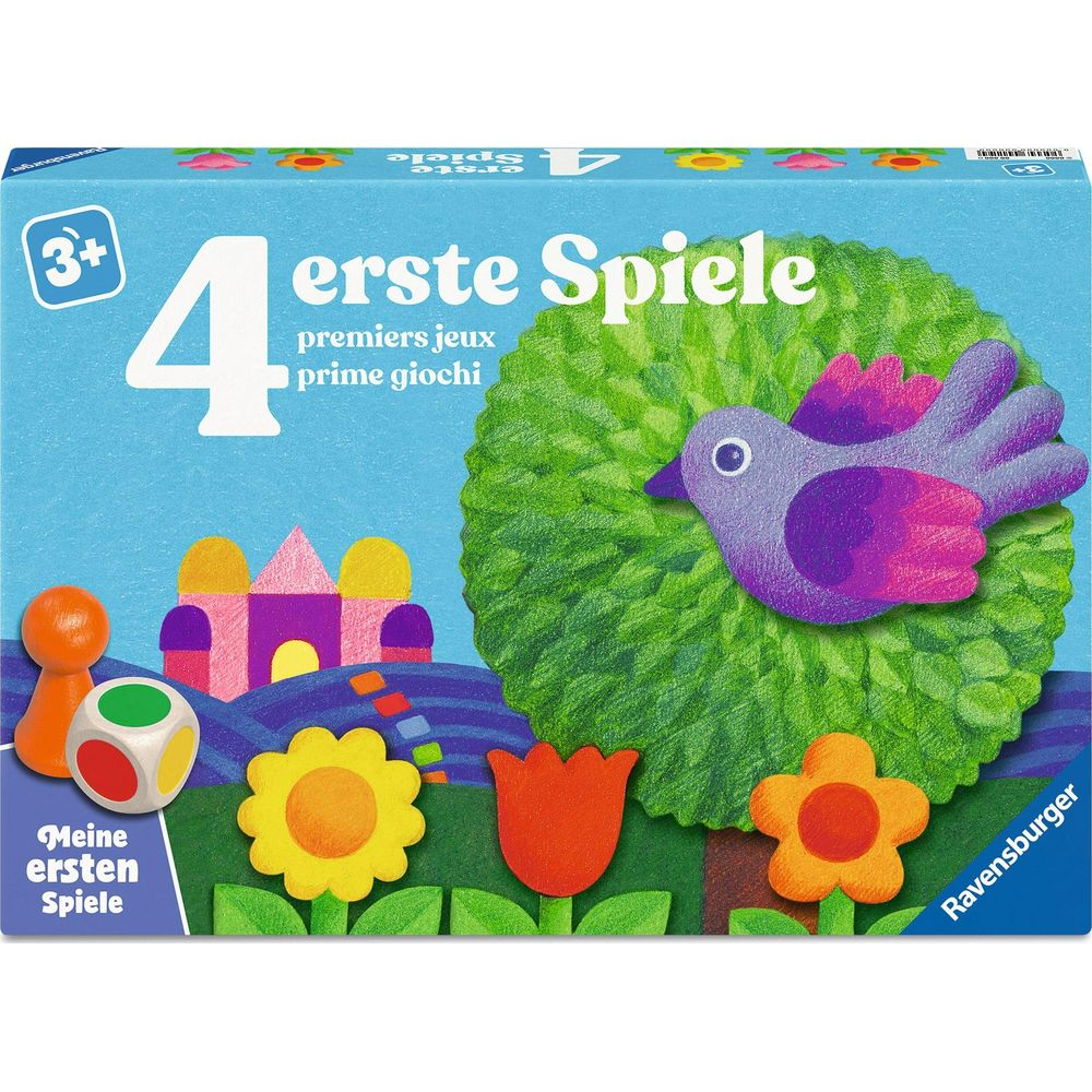 Schachtel "erste Spiele" mit bunten Bildern: Vogel, Baum, Blumen, Haus, Würfel, Spielfigur.