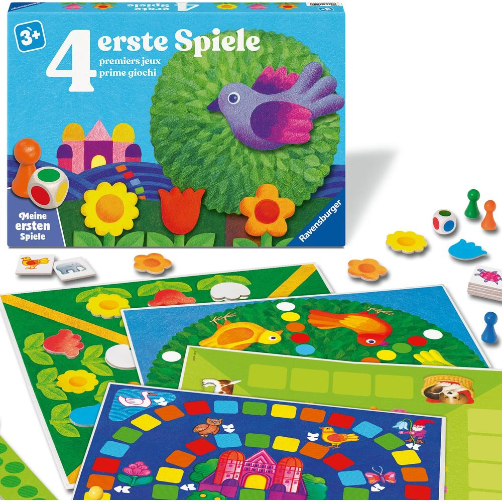 Brettspiel "4 erste Spiele" mit bunten Motiven, Vögeln, Blumen und Spielfiguren.