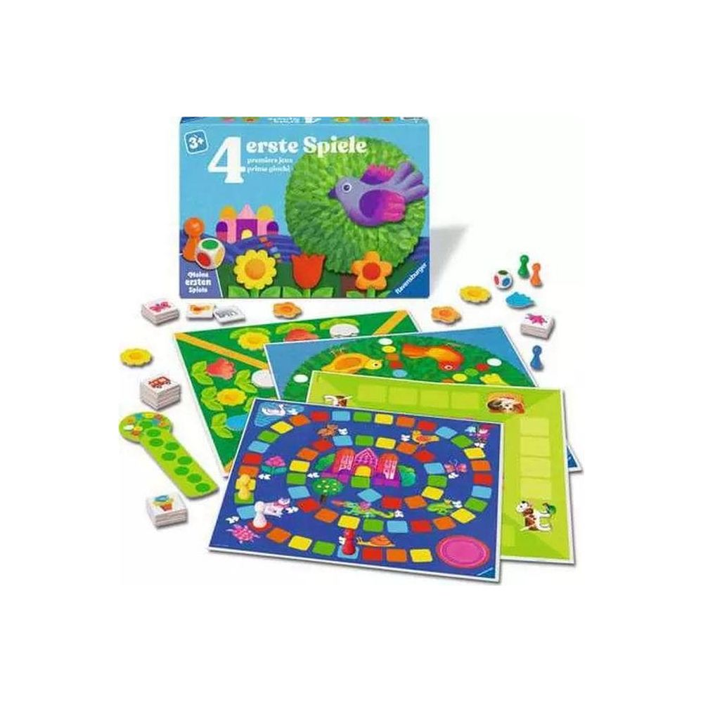 Brettspiel-Box mit Spielfiguren und Spielbrettern, bunte Motive wie Vögel und Blumen.