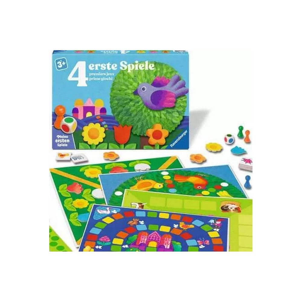 Ravensburger 'erste Spiele' Brettspiel-Box mit Spielbrettern, Spielfiguren und Blumen.