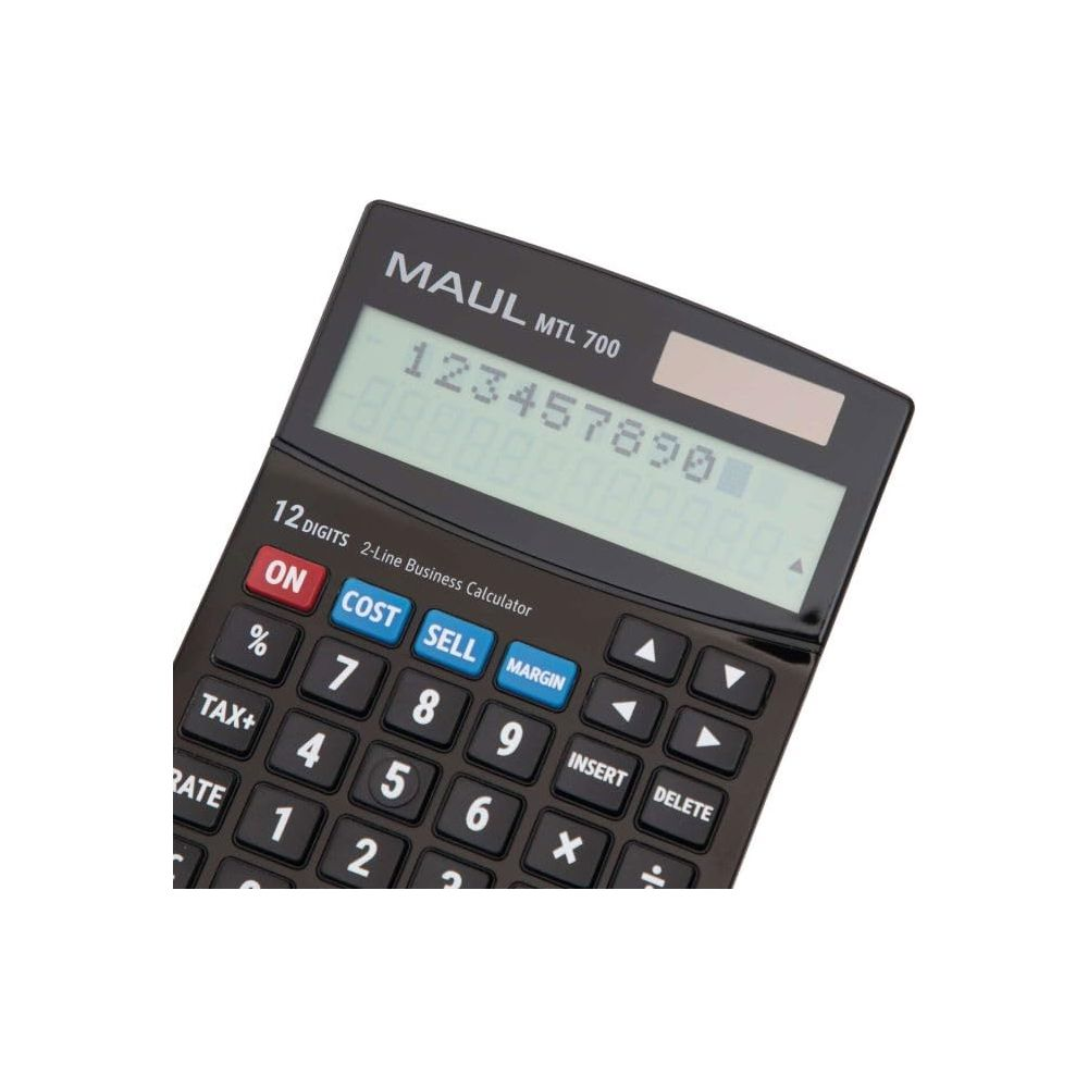 Ein schwarzer MAUL MTL 700 Taschenrechner mit Zifferntasten und einem Display.
