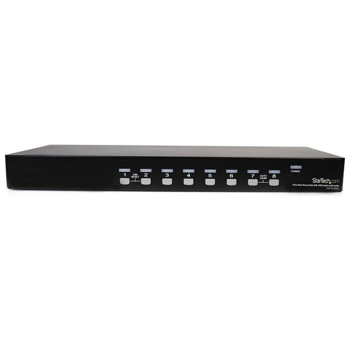 Dispositivo switch nero da 8 porte per montaggio rack con pulsanti numerati e indicatore di alimentazione.