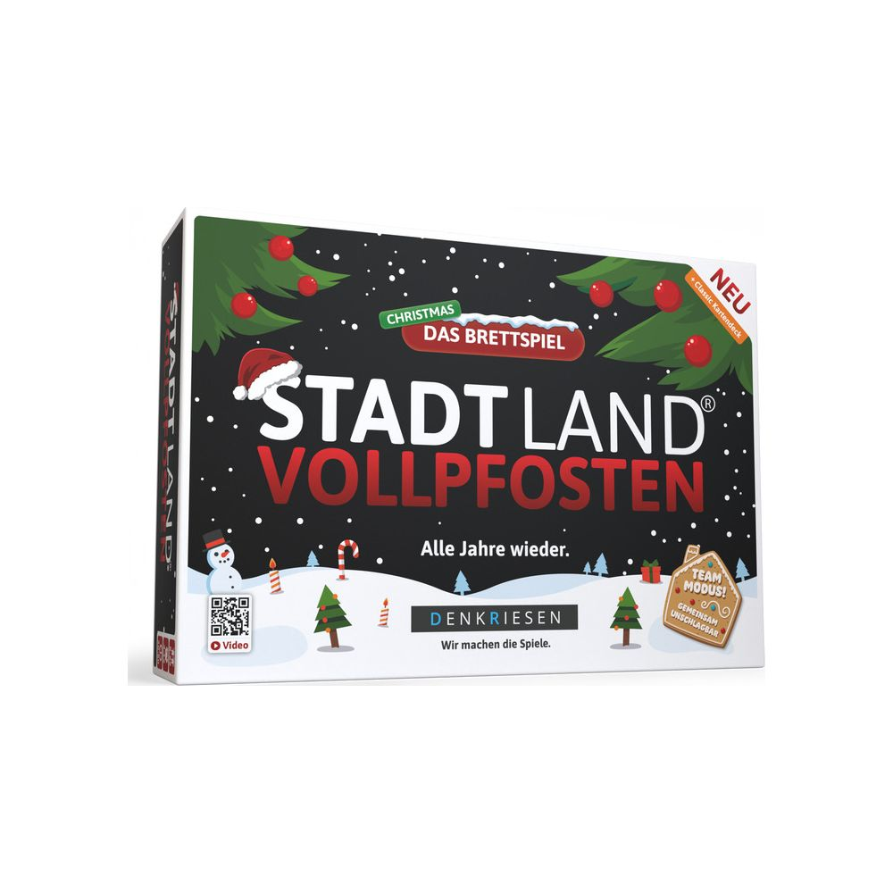 Weihnachts-Brettspiel-Box: Stadt Land Vollpfosten. Schneeszene mit Bäumen, Nikolausmütze & Schneeflocken.