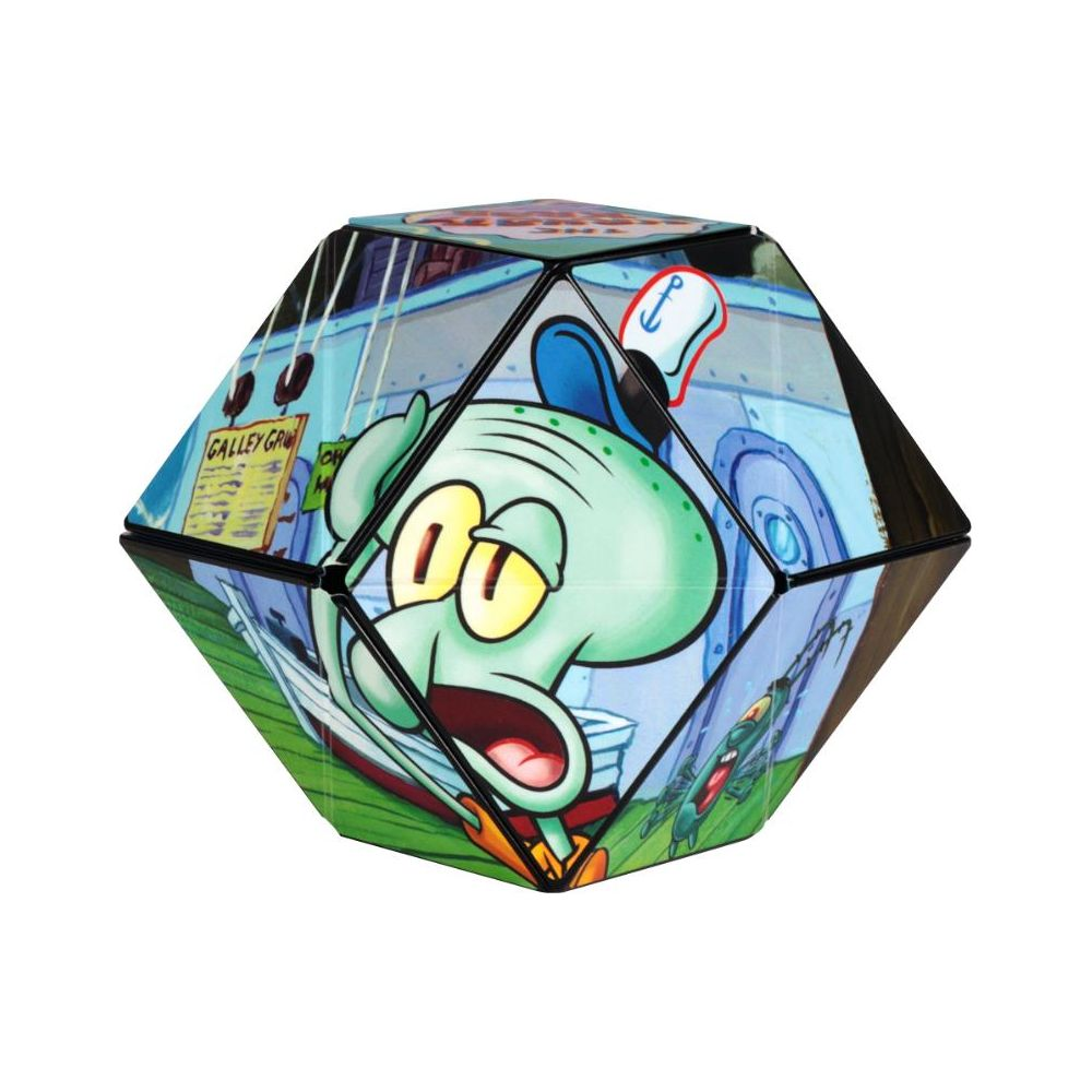Un giocattolo geometrico con Squidward che indossa un cappello e Plankton.