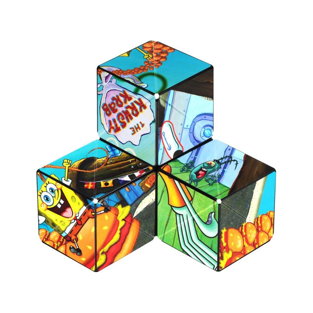 SpongeBob e Plankton su cubi con logo Krusty Krab e hamburger.