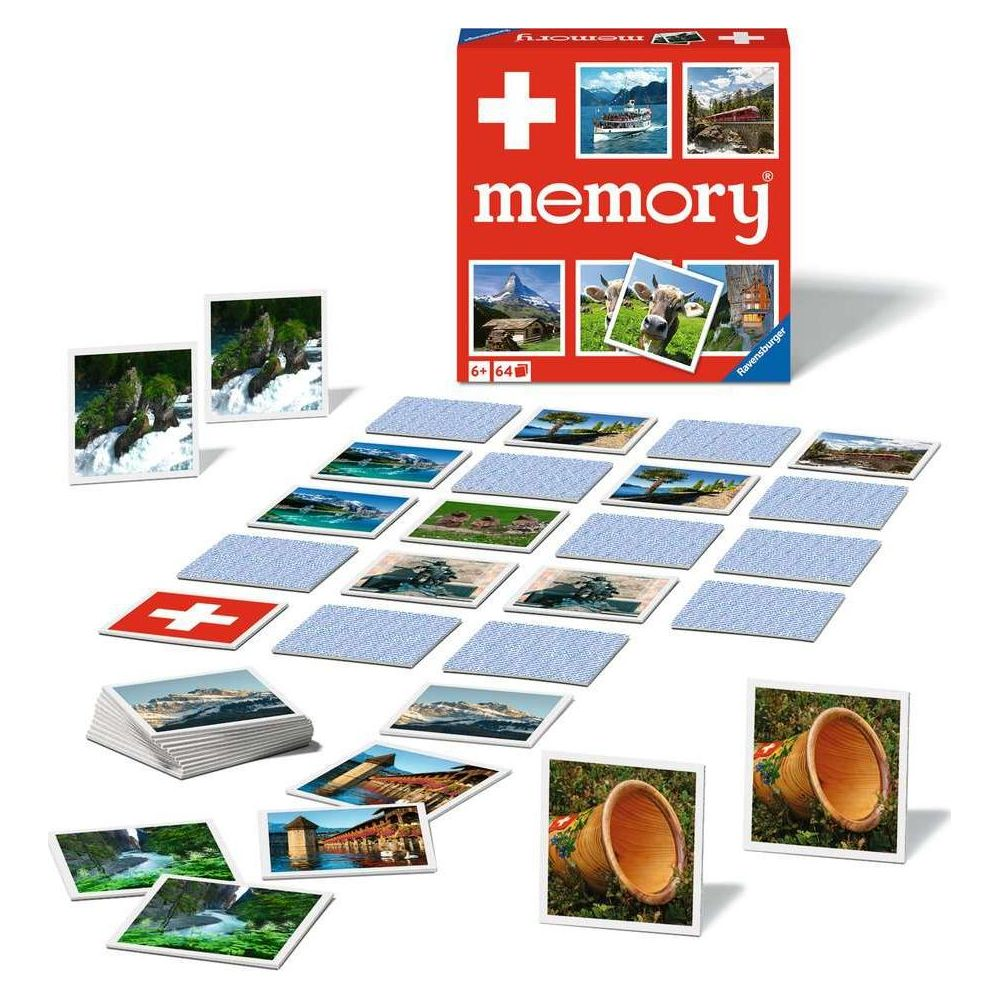 Ein Memory-Spiel mit Schweizer Motiven, Karten und einer Schachtel.