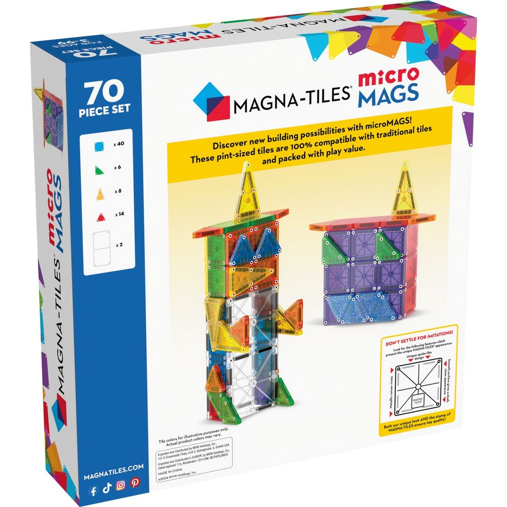 Boîte de jeu Micro Magna-Tiles montrant des carreaux magnétiques colorés et deux structures construites.