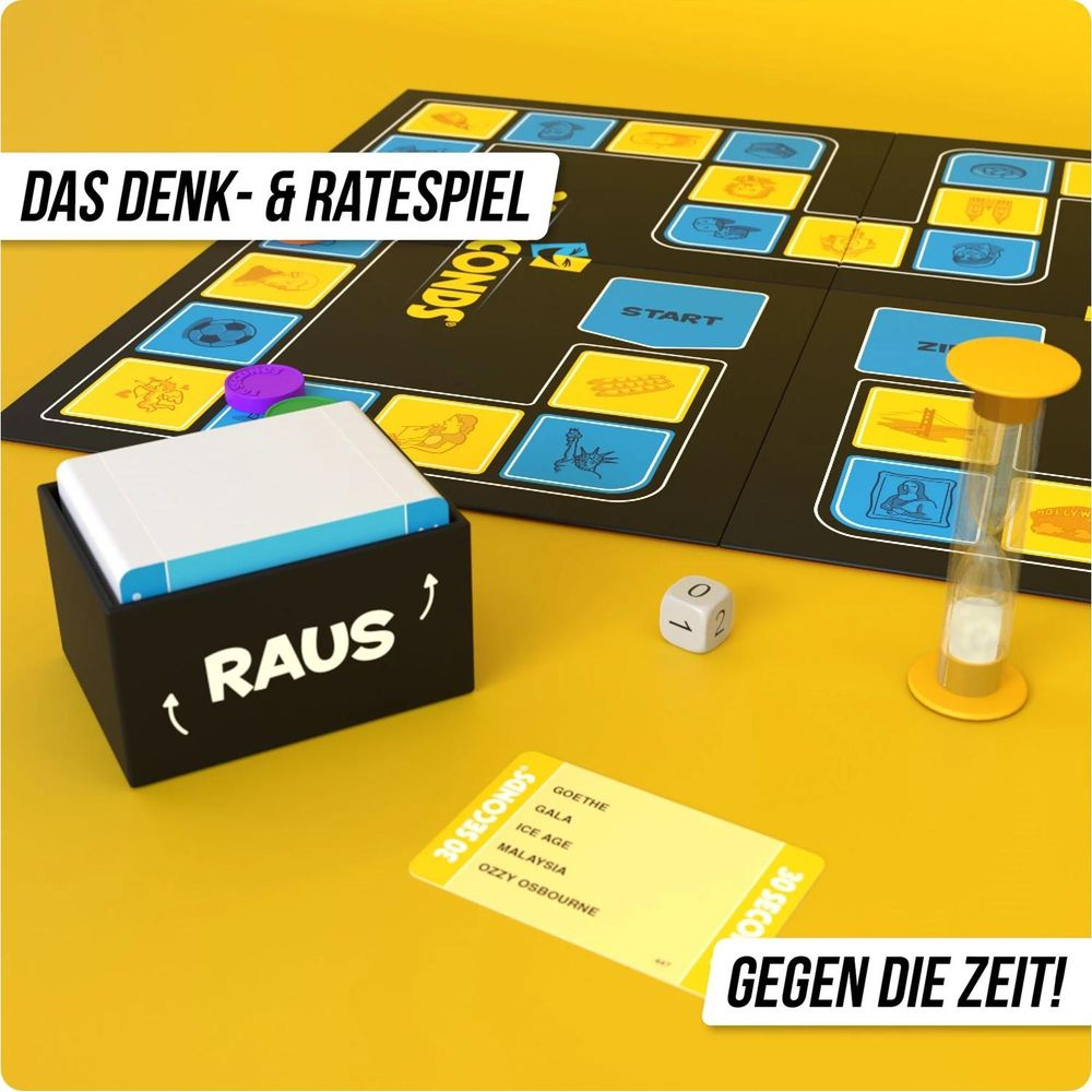 Brettspiel mit "Raus"-Box, Sanduhr, Würfel und Karte auf gelbem Grund.