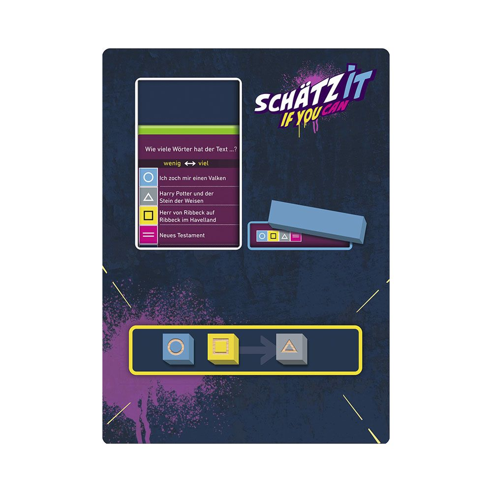 Spielbrett mit Symbolen und Texten: "Wie viele Wörter hat der Text...?"