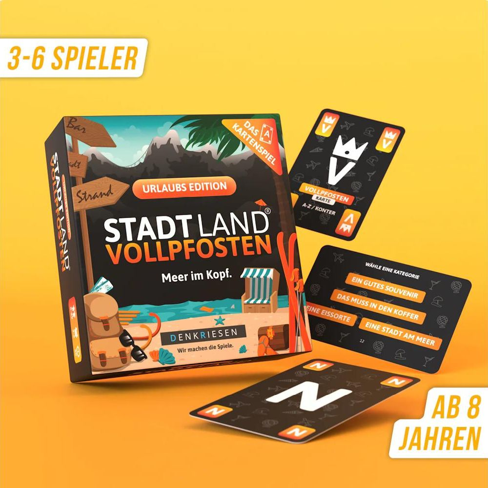 Spielverpackung und Karten für Stadt, Land, Vollpfosten, Urlaubsausgabe.