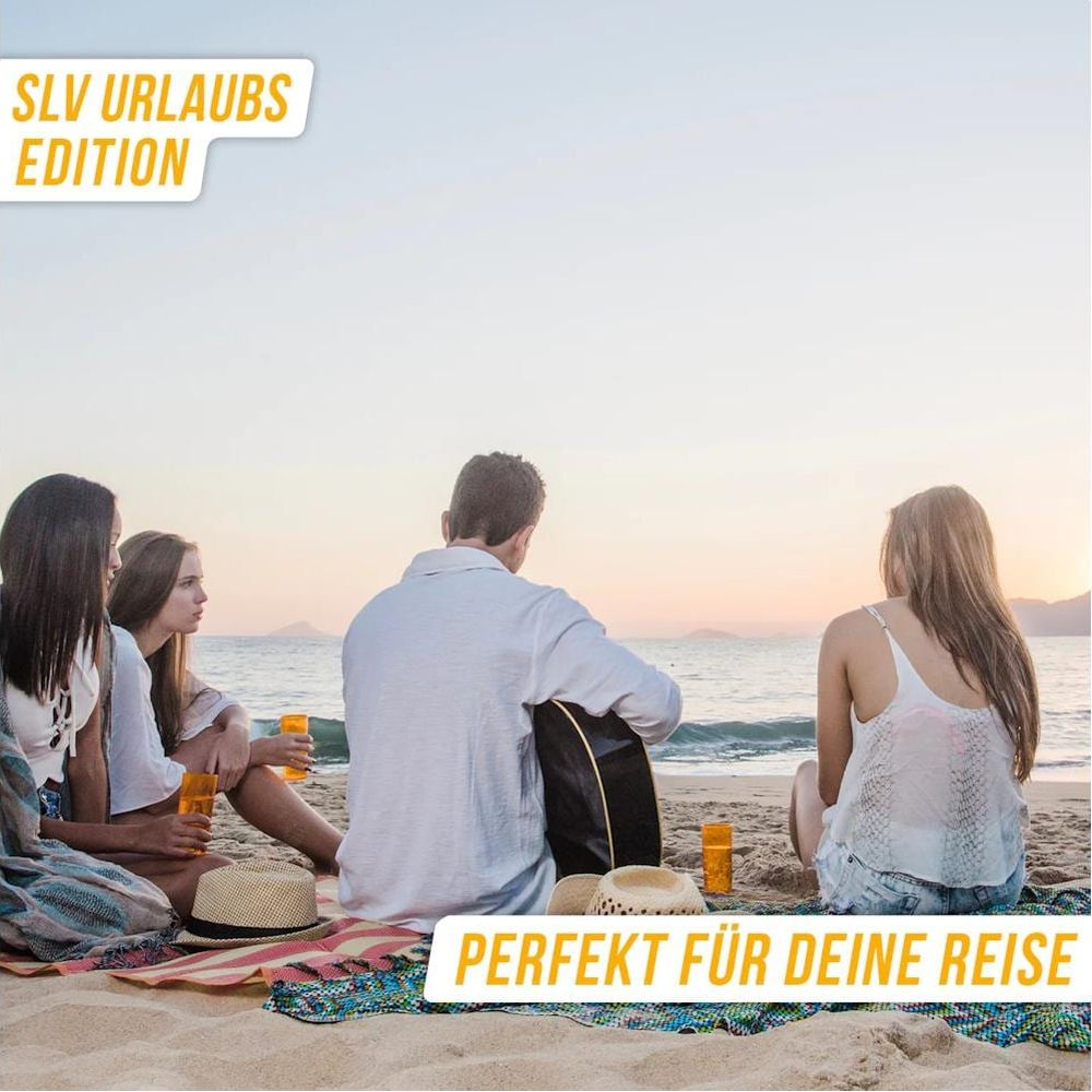 Vier Freunde sitzen am Strand bei Sonnenuntergang. Einer spielt Gitarre.