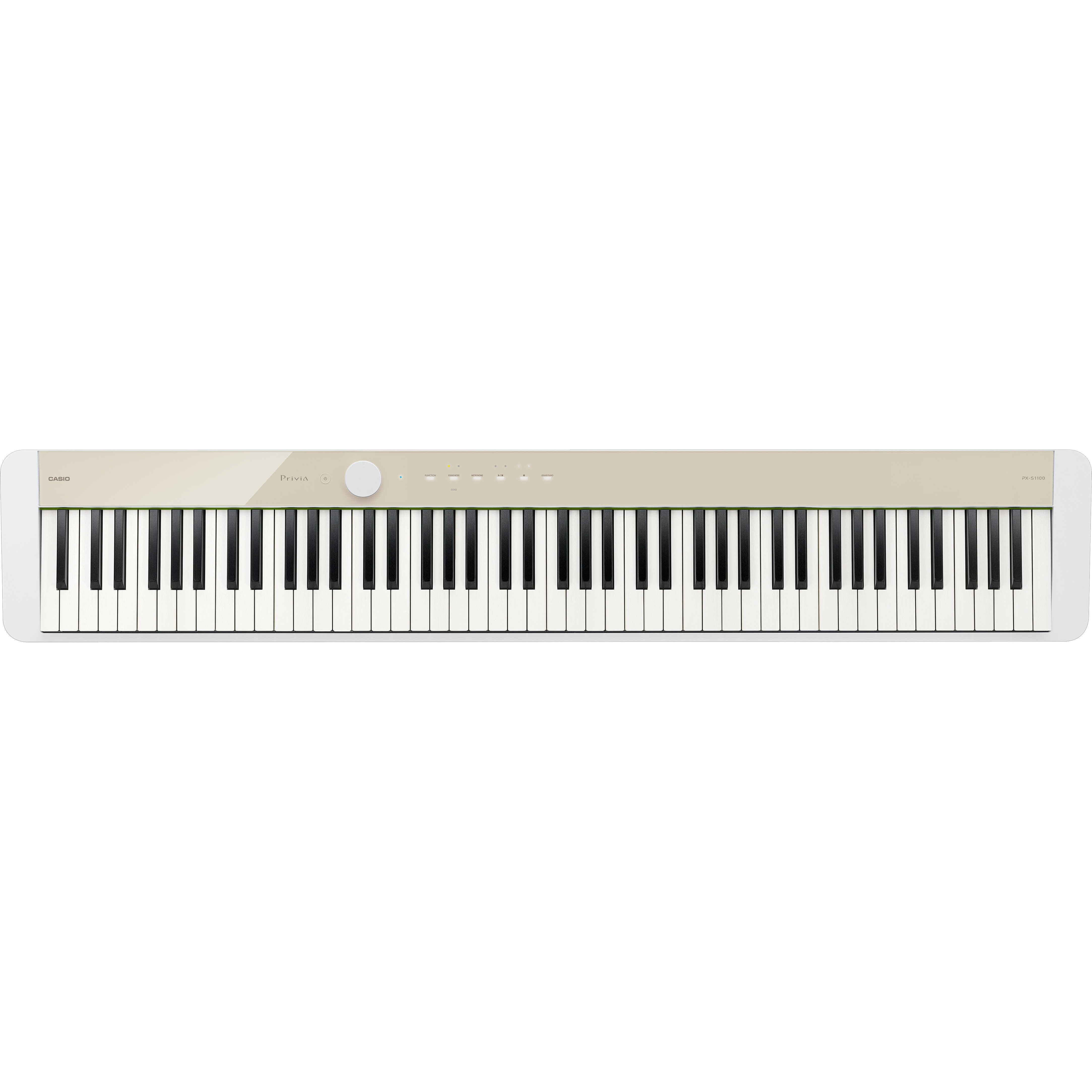 Ein schlankes, cremefarbenes Digitalpiano mit weißen und schwarzen Tasten.