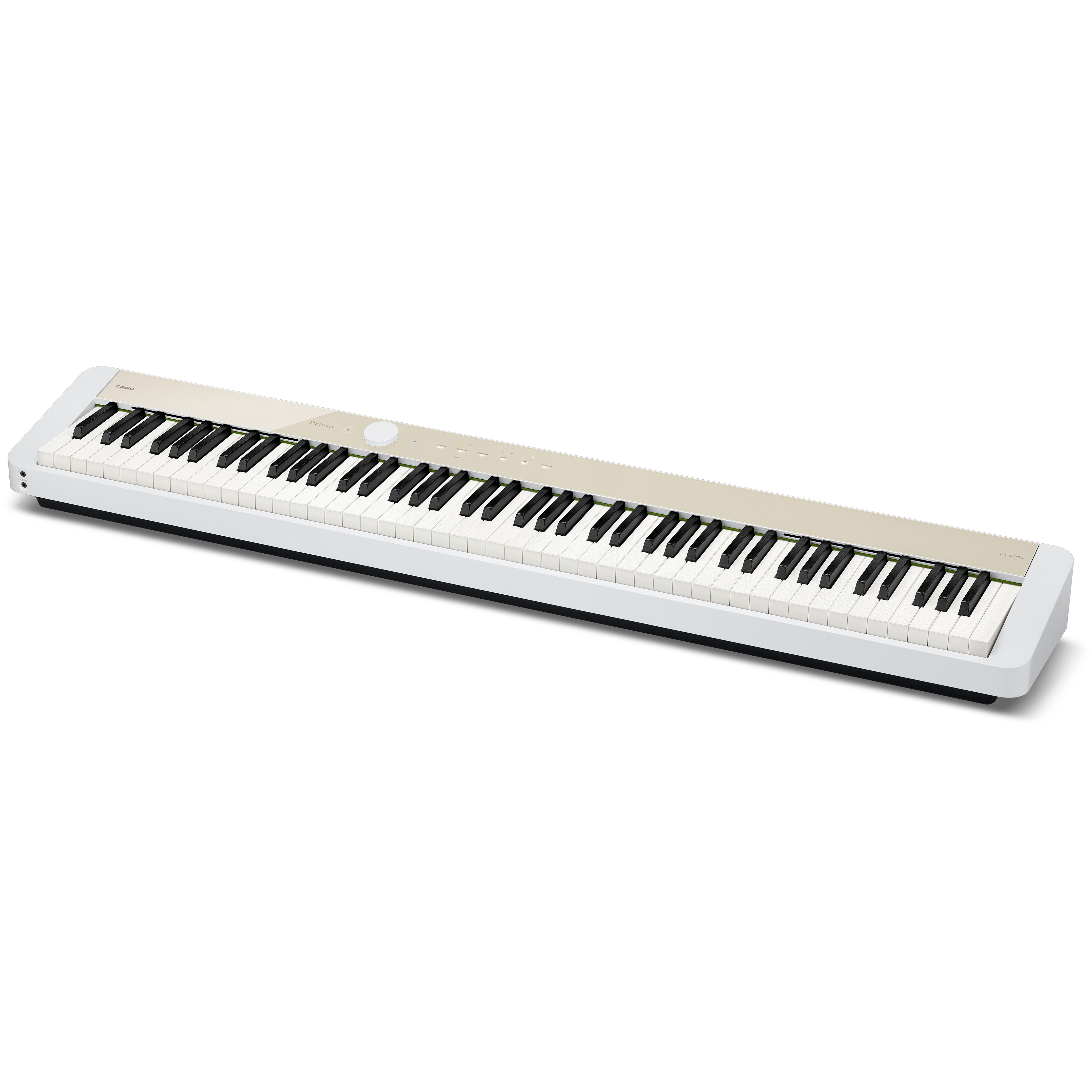 Ein schlankes, weißes Keyboard mit cremefarbener Oberseite und schwarzen und weißen Tasten.